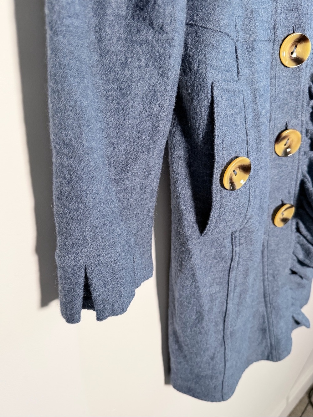 Luii Anthropologie Blue Ruffle-Front 100% Wool Sweater Coat - Picture 4 of 12
